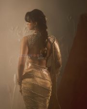 Stunning Indian Actress Disha Patani in a Gold Colored Saree with a Matching Embroidered Sleeveless Blouse Photos 03