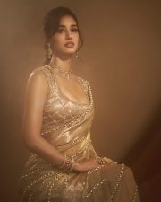 Stunning Indian Actress Disha Patani in a Gold Colored Saree with a Matching Embroidered Sleeveless Blouse Photos 04