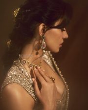 Stunning Indian Actress Disha Patani in a Gold Colored Saree with a Matching Embroidered Sleeveless Blouse Photos 06