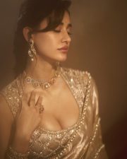 Stunning Indian Actress Disha Patani in a Gold Colored Saree with a Matching Embroidered Sleeveless Blouse Photos 08