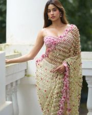 Stunning Janhvi Kapoor in a Pink Floral Embroidered Saree with a Sleeveless Pink Bralette Blouse Photos 05