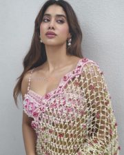 Stunning Janhvi Kapoor in a Pink Floral Embroidered Saree with a Sleeveless Pink Bralette Blouse Photos 08