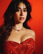 Stunning Janhvi Kapoor in a Red Embellished Off Shoulder Strapless Corset Gown Photos 02