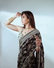 Stunning Karishma Tanna in a Black Printed Saree with a White Embroidered Blouse Pictures 01