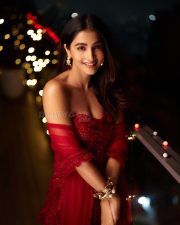 Stunning Pooja Hegde in a Strapless Off Shoulder Red Dress at Ramesh Taurani Annual Diwali Party Photos 06