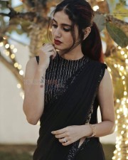 Stunning Priya Prakash Varrier in Black Georgette Embellished Saree Style Dress Photos 02