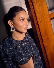 Stunning Rakul Preet Singh in a Midnight Blue Lehenga Saree with a Full Sleeved Blouse with a Thigh High Slit Pictures 01