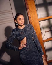 Stunning Rakul Preet Singh in a Midnight Blue Lehenga Saree with a Full Sleeved Blouse with a Thigh High Slit Pictures 02