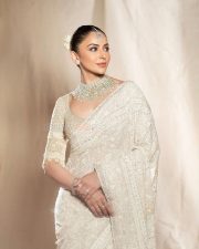 Stunning Rakul Preet Singh in a Trendy White Floral Embroidered Saree with a Silver Blouse Photos 01 Stunning Rakul Preet Singh in a Trendy White Floral Embroidered Saree with a Silver Blouse Photos 01