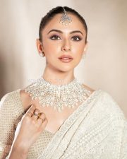 Stunning Rakul Preet Singh in a Trendy White Floral Embroidered Saree with a Silver Blouse Photos 02