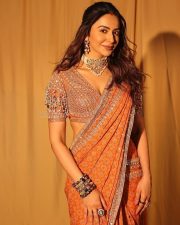 Stunning Rakul Preet Singh in an Orange Printed Embroidered Blouse with Embroidered Flat Saree Photos 02 Stunning Rakul Preet Singh in an Orange Printed Embroidered Blouse with Embroidered Flat Saree Photos 02