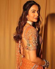 Stunning Rakul Preet Singh in an Orange Printed Embroidered Blouse with Embroidered Flat Saree Photos 03