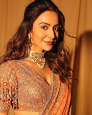 Stunning Rakul Preet Singh in an Orange Printed Embroidered Blouse with Embroidered Flat Saree Photos 04