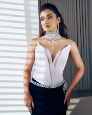 Stunning Rashmika Mandanna in a Dual Toned Strapless Couture Gown with a Metallic Silver Sculpted Petal Corset Bodice Photos 03