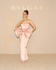 Stunning Tamannaah Bhatia in a Pink Off Shoulder Satin Gown with a Sweetheart Neckline and Bow for Bvlgari iconic Serpenti Collection Photos 01