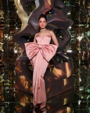 Stunning Tamannaah Bhatia in a Pink Off Shoulder Satin Gown with a Sweetheart Neckline and Bow for Bvlgari iconic Serpenti Collection Photos 05