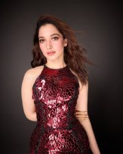 Stunning Tamannaah Bhatia in a Sleeveless Deep Wine Red Bodycon Dress Photos 03