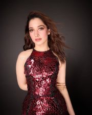 Stunning Tamannaah Bhatia in a Sleeveless Deep Wine Red Bodycon Dress Photos 03