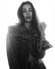 Stylish Actress Pooja Hegde in a Blue Denim Jacket And Plaid Flannel Shirt Photos 01