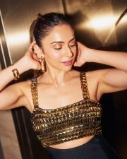 Stylish Actress Rakul Preet Singh in a Gold Embellished Crop Top Photos 01