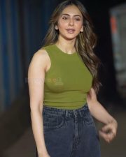 Stylish Actress Rakul Preet Singh in a Olive Green Ribbed Top Denim Skirt Photos 01