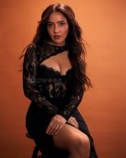 Sultry Neha Sharma Cleavage in a Black Lace High Slit Gown Photos 08