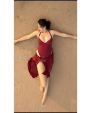 Sultry Neha Sharma Cleavage in a Red Halter Swimsuit Dress Photos 02
