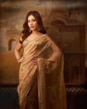 Talaakhon Mein Ek Actress Raashi Khanna in a Golden Tissue Saree with Embellished Sleeveless Blouse Photos 01