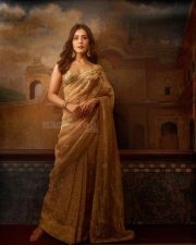Talaakhon Mein Ek Actress Raashi Khanna in a Golden Tissue Saree with Embellished Sleeveless Blouse Photos 04
