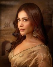 Talaakhon Mein Ek Actress Raashi Khanna in a Golden Tissue Saree with Embellished Sleeveless Blouse Photos 05
