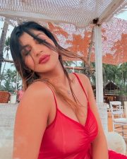 Tamil Beauty Yashika Aannand in a Red Open Back Midi Dress Pictures 04