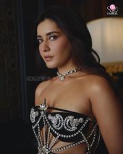 Tempting Raashi Khanna in a Daring Strapless Silver Crystals Sculptural Corset Top with Embroidered Black Cups and Sleek Black Maxi Skirt Pictures 06
