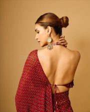 Tere Ishk Mein Actress Kriti Sanon in a Fiery Red Printed Pre Draped Saree with a High Collar Backless Blouse Photos 02