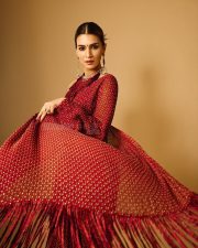 Tere Ishk Mein Actress Kriti Sanon in a Fiery Red Printed Pre Draped Saree with a High Collar Backless Blouse Photos 03