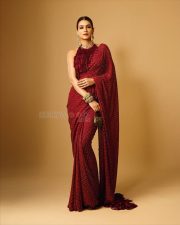 Tere Ishk Mein Actress Kriti Sanon in a Fiery Red Printed Pre Draped Saree with a High Collar Backless Blouse Photos 04