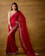 The India Story Actress Kajal Aggarwal in a Red Embroidered Saree with a Matching Sleeveless Blouse Photos 03