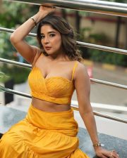 The Night Actress Sakshi Agarwal in a Orange Yellow Sleeveless Bralette Top with a Long Ruffled Skirt Pictures 03