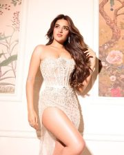 The RajaSaab Heroine Nidhhi Agerwal in a Cream Strapless Floor Length Corset Bodice with a Thigh High Slit Gown Pictures 05