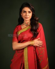 Timeless Actress Samantha Ruth Prabhu in a Red Silk Saree With Gold Border Photos 03