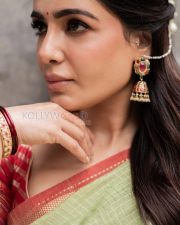 Timeless Actress Samantha Ruth Prabhu in a Sage Green Tissue Saree With Red Border Photos 01