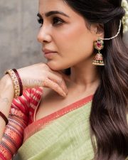 Timeless Actress Samantha Ruth Prabhu in a Sage Green Tissue Saree With Red Border Photos 02
