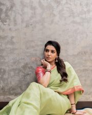 Timeless Actress Samantha Ruth Prabhu in a Sage Green Tissue Saree With Red Border Photos 04
