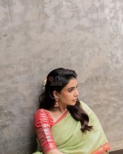 Timeless Actress Samantha Ruth Prabhu in a Sage Green Tissue Saree With Red Border Photos 05