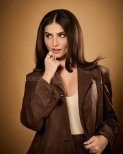 Toxic A Fairy Tale for Grown Ups Actress Tara Sutaria in a Chocolate Brown Longline Blazer with a Matching Mini Skirt and White Top Photos 02