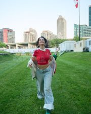 Trendsetting Actress Norah Fatehi in a Red Adidas Crop Top And Grey Track Pants Photos 04