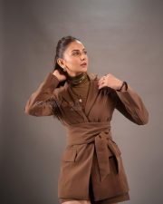 Trendy Rakul Preet Singh in a Chocolate Brown Two Piece Blazer Top with a Matching High Rise Shorts Photos 01