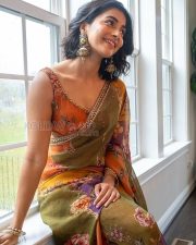 Winsome Actress Pooja Hegde in a Multicolor Floral Printed Saree Photos 01 Winsome Actress Pooja Hegde in a Multicolor Floral Printed Saree Photos 01