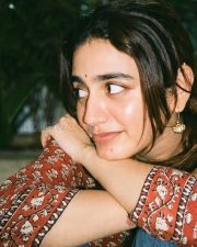 Winsome Actress Priya Prakash Varrier in a Red Block Print Kurta Photos 01 Winsome Actress Priya Prakash Varrier in a Red Block Print Kurta Photos 01