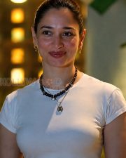 Winsome Actress Tamannaah Bhatia in a White Crew Neck T Shirt Layered Beaded Necklace Photos 01