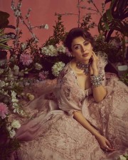 Actress Hansika Motani in a Pink Organza and Chantilly Lace Embroidery Floral Lehenga Photos 02
